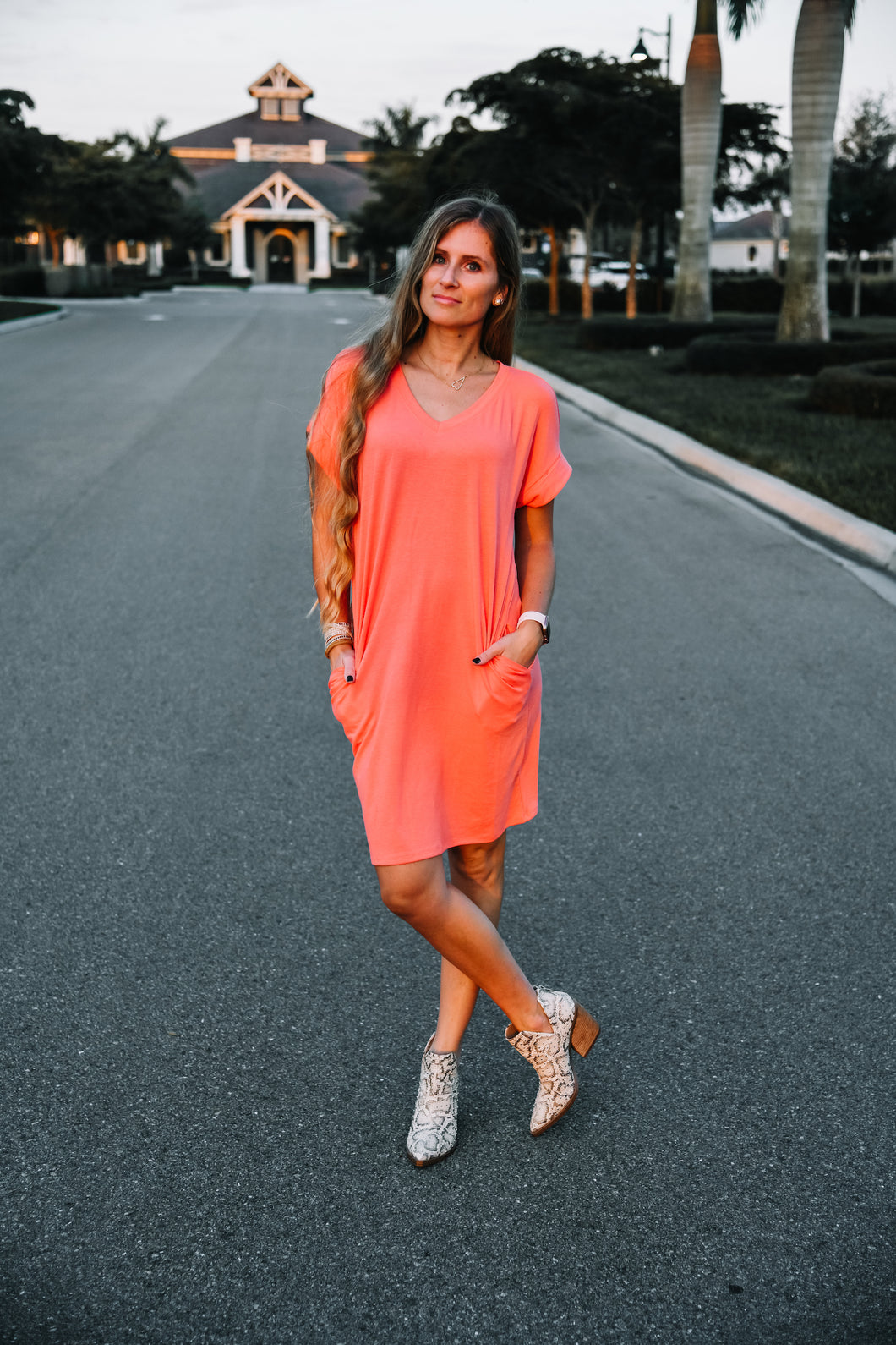 Coral V-Neck Dress